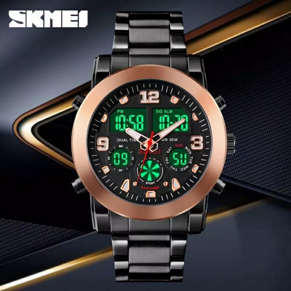 SKMEI 1642 Men's Casual Chronograph LED Digital Analog Stainless Steel Wrist Watch - Black/RoseGold - Image 3