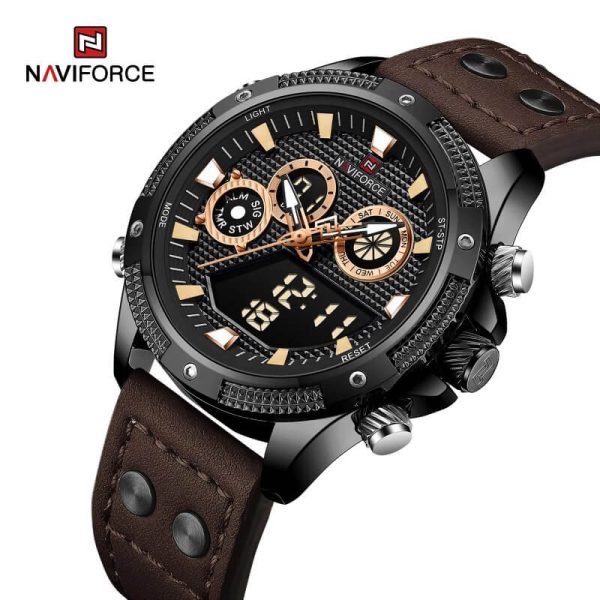 NaviForce NF9224 Fashion Sport Dual Display Multifunction Luminous Leather Strap Watch For Men - Brown