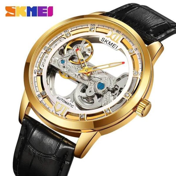 SKMEI M031 Fully Automatic Men's Hollowed Out Fashion Mechanical  Leather Strap Watch - Silver/Golden