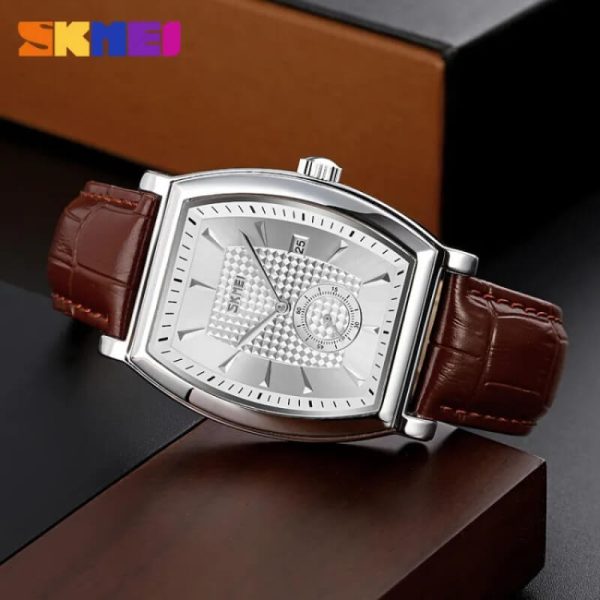 SKMEI 9306 Men's Luxury Business Slim Square Dial With Date Display Leather Strap Watch - Silver/Brown - Image 2