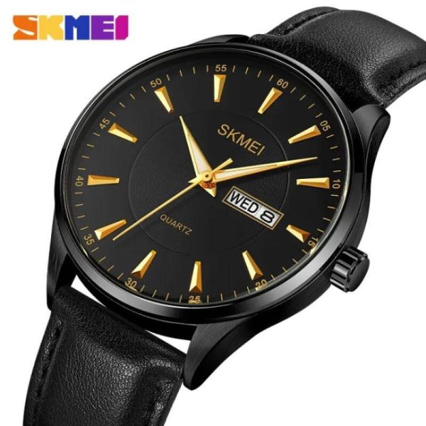 SKMEI 2075 Simple Elegant Quartz Date Day Display Leather Strap Watch For Men - Golden/Black