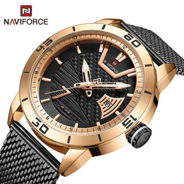 NAVIFORCE NF9155A Stainless Steel Mesh Date Function Luxury Watch For Men – Rosegold/Black