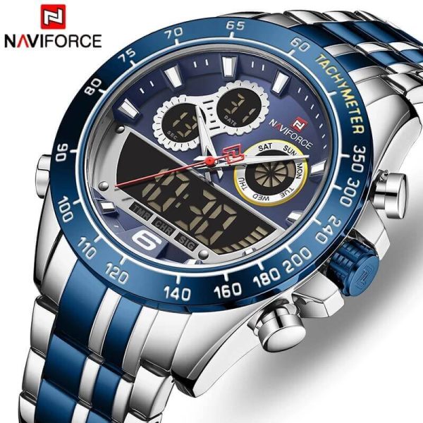 NAVIFORCE NF9188 Men's Stainless Steel Double Time Digital/Analog Quartz Wristwatch - Blue/Silver