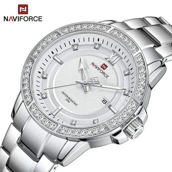 NAVIFORCE NF9187 Diamond Surrounded Date Function Stainless Steel Quartz Watches For Men - Silver