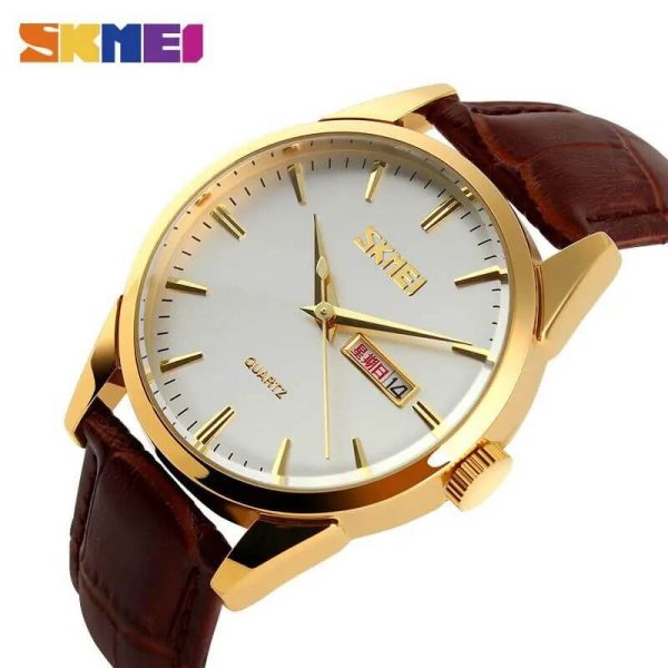 SKMEI 9073 Classic Luxury Day Date Display Stick Index Leather Strap Quartz Watch For Men - Golden/Brown