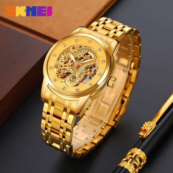 SKMEI 9310 Luxury Business Creative Dragon Dial Design Automatic  Watch For Men - Golden - Image 3