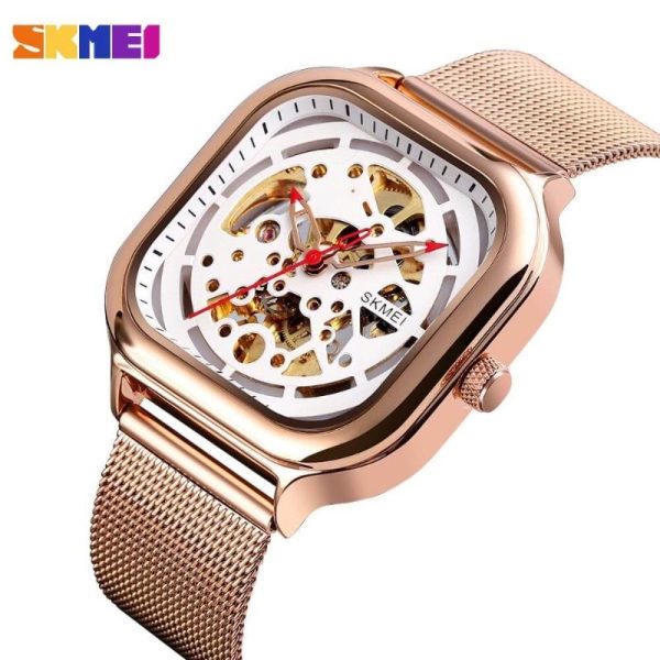 Skmei 9184 Men's Automatic Mechanical Square Dial Fashion Stainless Steel Mesh Watch - White/Rosegold