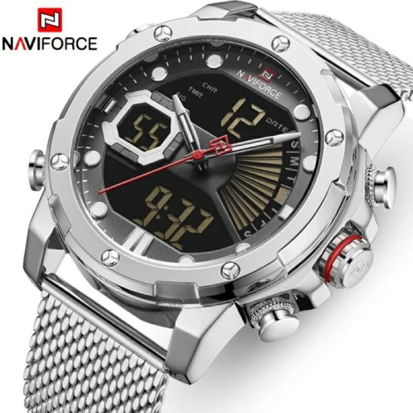 NaviForce NF9172 MultiFunction Stainless Steel Digital/Analog Luxury Watch for Men - Silver