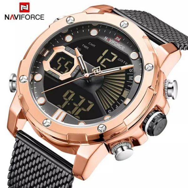 NaviForce NF9172 MultiFunction Stainless Steel Digital/Analog Luxury Watch for Men - Rosegold/Black