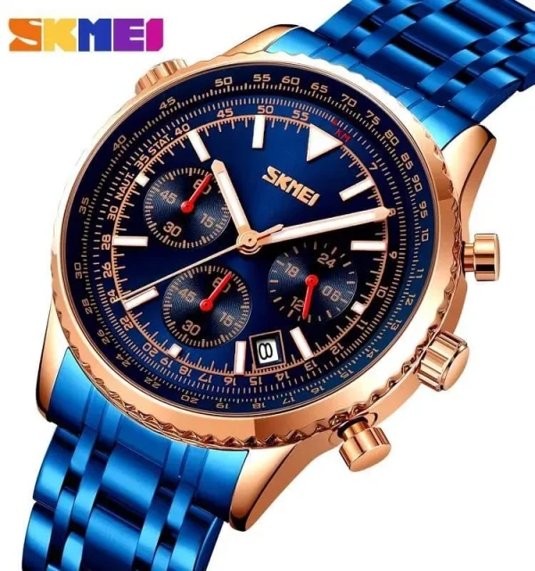 SKMEI 9333 Men's Business Classic Multifunction Luminous Stainless Steel Date Display Watch - Blue/RoseGold