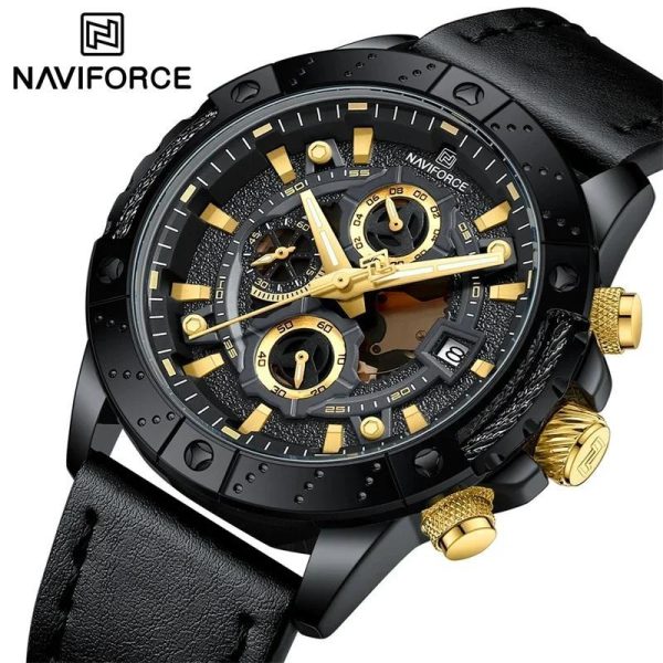 NaviForce NF8055 Men's Multifunction Chronograph Date Display Leather Strap Watch - Golden/Black