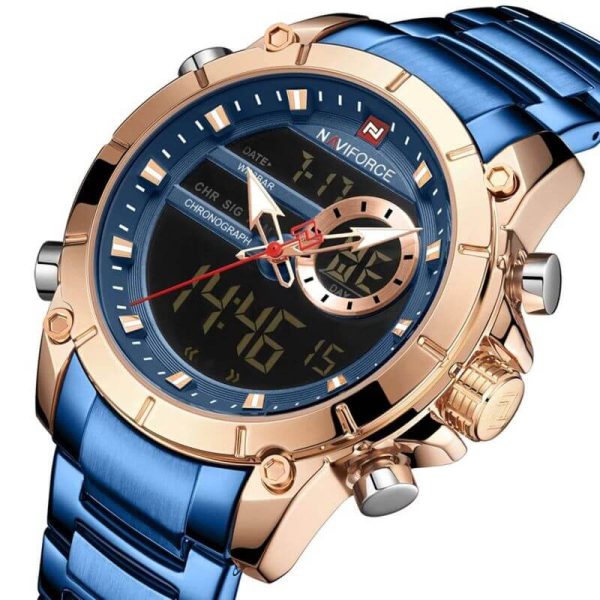 NaviForce NF9163 Double Time Luxury Business Edition Stainless Steel Watch - Blue/Rosegold