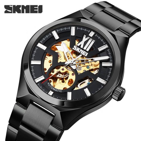 Skmei 9258 Fashion Mechanical Hollow Dial Luxury Stainless Steel Automatic Luminous Watch - Black