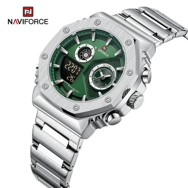 NAVIFORCE NF9216 Fashion Geometric Bezel LCD Digital Analog Stainless Steel Watch For Men - Green/Silver