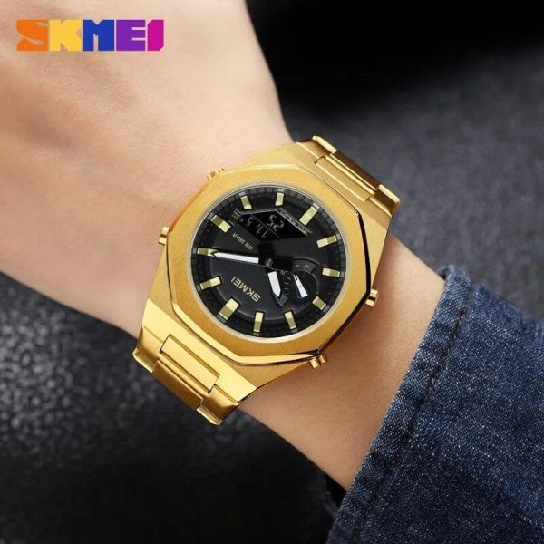 SKMEI 1816 Men's Electronic Dual Display Stainless Steel Multifunction Luminous Watch - Golden - Image 2