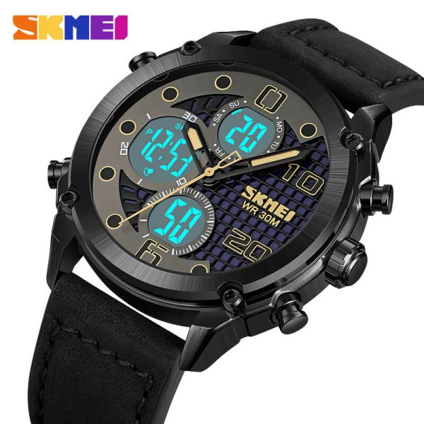 SKMEI 1975 Fashion 3 Time Dual Movement Multifunction LED Light Sport Leather Strap Watch -  Black