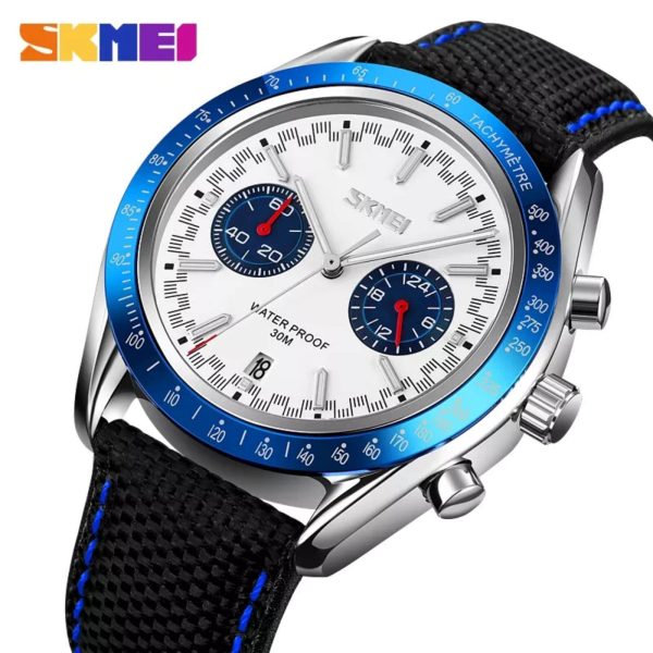 SKMEI 9292 Business Chronograph Date Function Leather Strap Quartz Wristwatch For Men - Blue/White