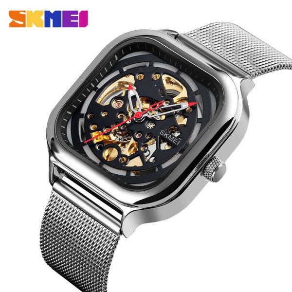 Skmei 9184 Men's Automatic Mechanical Square Dial Fashion Stainless Steel Mesh Watch - Black/Silver