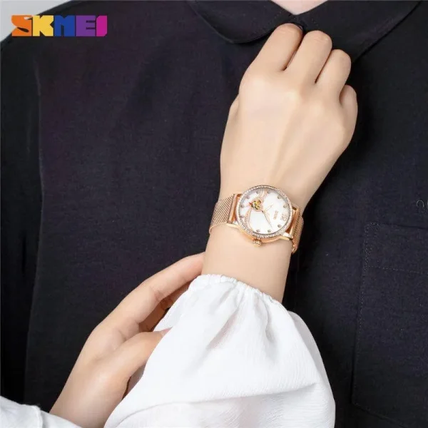 Skmei 9255 Fashion Women Luxury Stainless Steel Watch Waterproof Automatic Diamond Mechanical Watch - Rosegold - Image 2