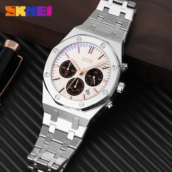 SKMEI 9296 Men's Classic Chronograph Stainless Steel Luminous Date Display Quartz Watch - White/Silver - Image 2