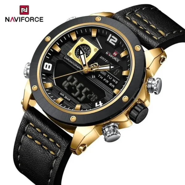 NaviForce NF9236 Classic Fashion Double Time Multifunctional Leather Strap Watch For Men - Black/Yellow