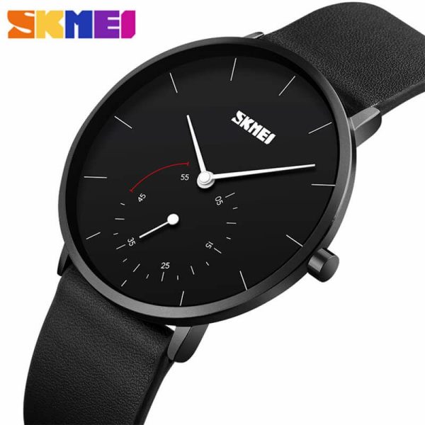 SKMEI 9213 Minimalist Quartz Classic Leather Casual Watch For Men - Black