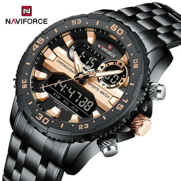 NaviForce NF9234 Multifunction Dual Display Complete Calendar Stainless Steel Watch For Men - Rosegold