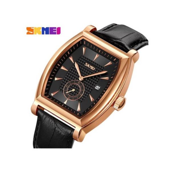 SKMEI 9306 Men's Luxury Business Slim Square Dial With Date Display Leather Strap Watch - Black/Rosegold