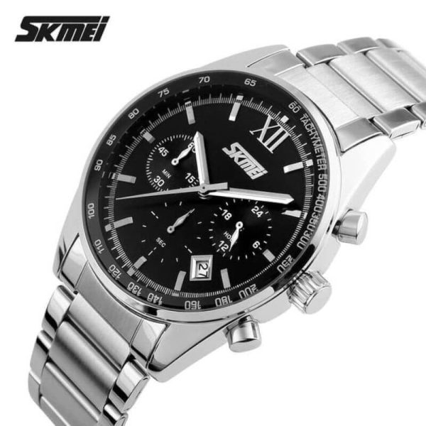 SKMEI 9096 Men's Business Full Stainless Steel Analog Date Display Chronograph Wristwatch - Silver/Black