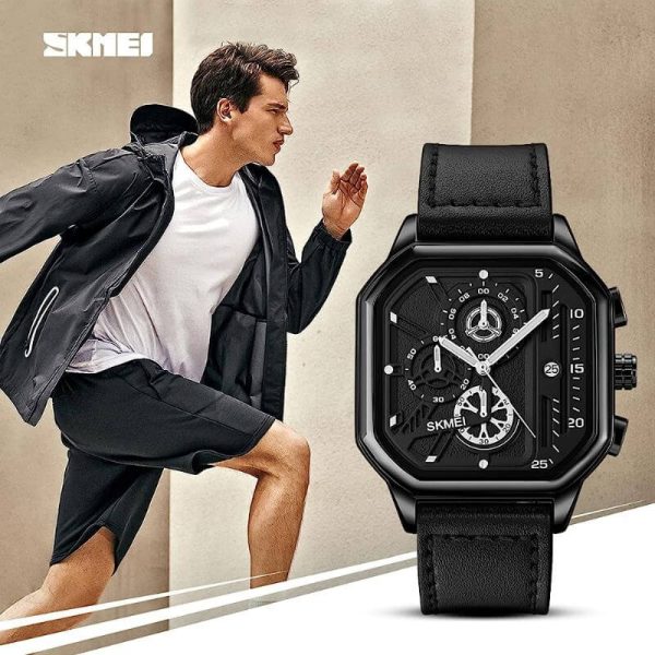 SKMEI 1963 Men's Fashion Multifunction Chronograph Square Dial Date Display Leather Strap Watch - Black/White - Image 2