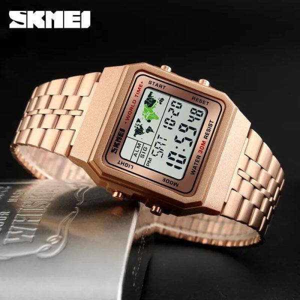 SKMEI 1338 Men's Stainless Steel Countdown Time Zone Waterproof LED Electronic Digital Watch - RoseGold - Image 2