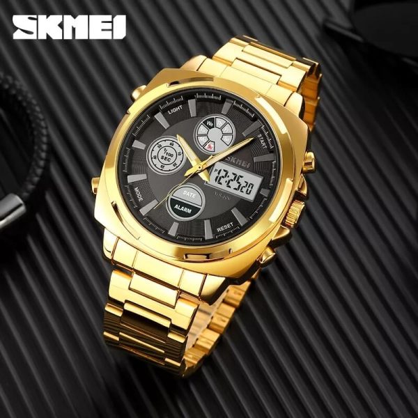 Skmei 1673 Business Dual Display Stainless Steel Multifunction Fashion LED Light Watch For Men - Golden/Black - Image 2