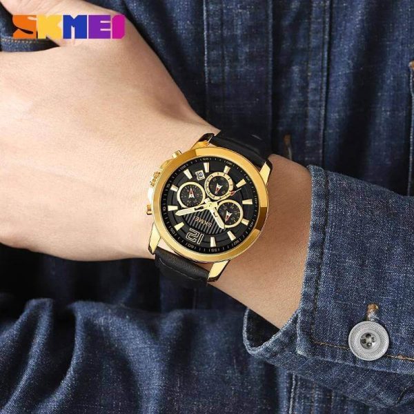 SKMEI 1989 Men's Business Chronograph Date Display Leather Strap Casual Quartz Watch - Golden/Black - Image 2