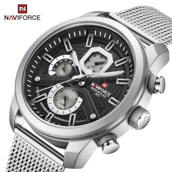 NaviForce NF9211 Men's Fashion Chronograph Day Date Display Stainless Steel Mesh Luminous Watch - Black/Silver