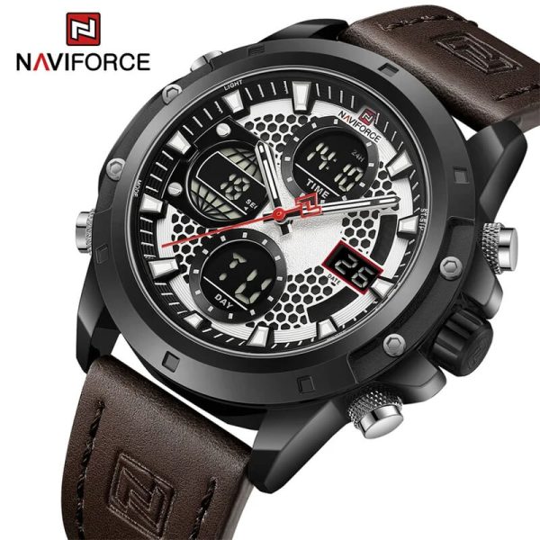 NaviForce NF9225 Men's Fashion Double Display Multifunction Luminous Leather Strap Watch - White/Brown