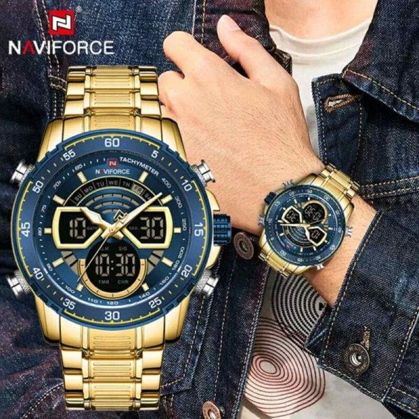 NAVIFORCE NF9189 Stainless Steel Dual Movement Digital Analog Dark Night Display Quartz Watch For Men - Golden - Image 2