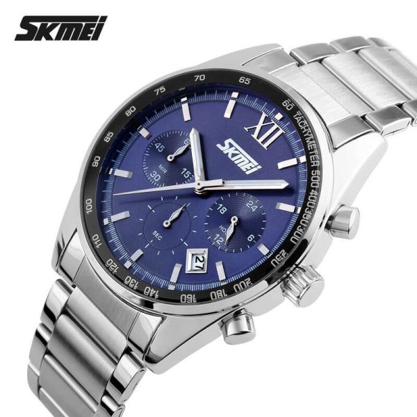 SKMEI 9096 Men's Business Full Stainless Steel Analog Date Display Chronograph Wristwatch - Silver/Blue