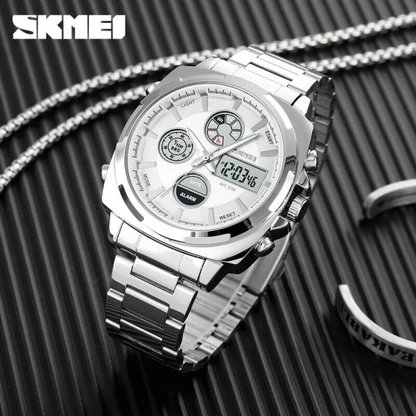 Skmei 1673 Business Dual Display Stainless Steel Multifunction Fashion LED Light Watch For Men - Silver - Image 2