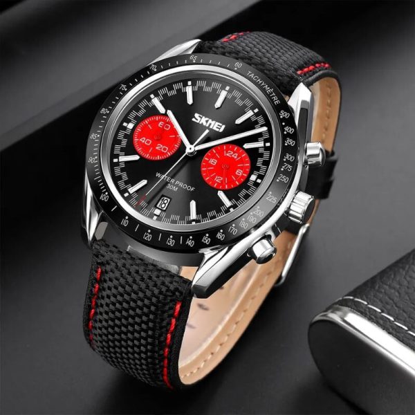 SKMEI 9292 Business Chronograph Date Function Leather Strap Quartz Wristwatch For Men - Red/Black - Image 2