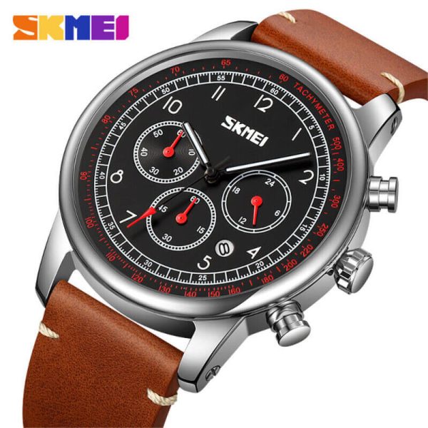 SKMEI 9318 Men's Casual Multifunction Tachymeter Leather Strap Luminous Watch - Black/Brown