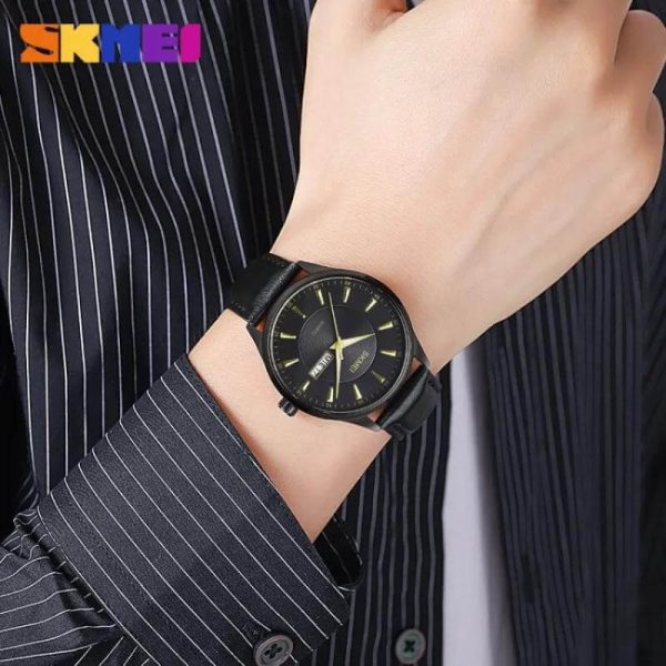 SKMEI 2075 Simple Elegant Quartz Date Day Display Leather Strap Watch For Men - Golden/Black - Image 2