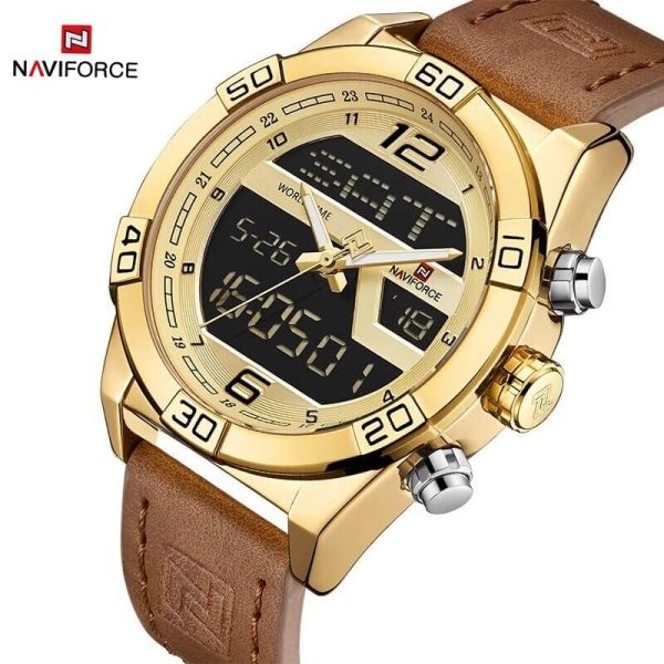 NaviForce NF9128 Double Time Analog/Digital Watch – Golden/Brown