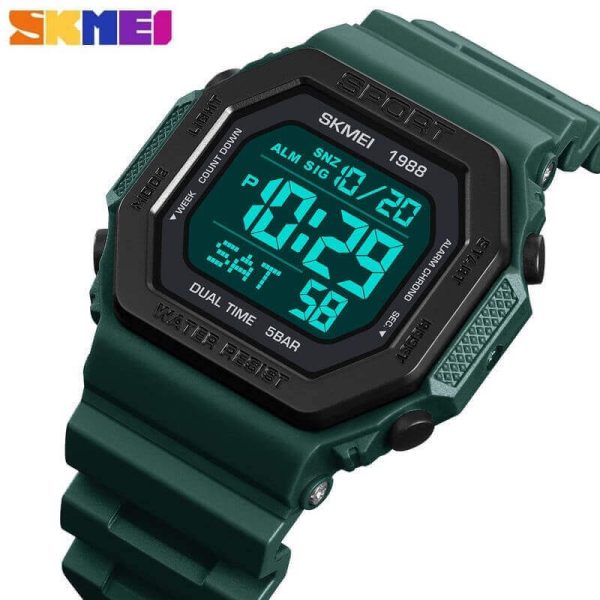 SKMEI 1988 Fashion Military Sports Back Light Digital Countdown Watch For Men -  Dark Green