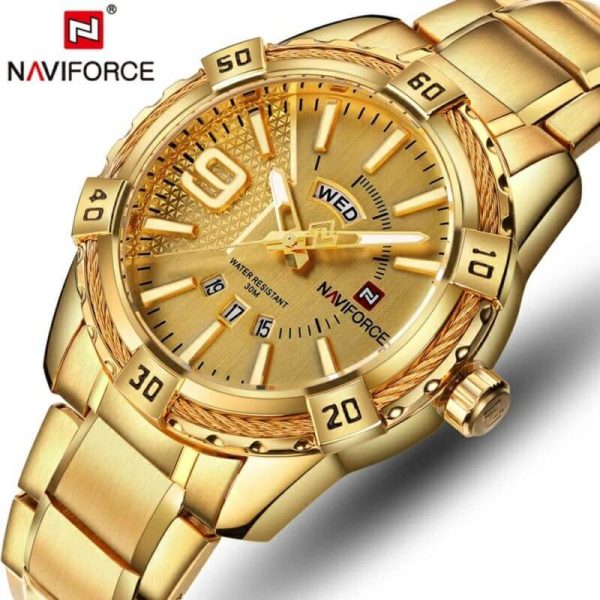 NaviForce NF9117 Day Date Function Luxury Stainless Steel Watch - Golden