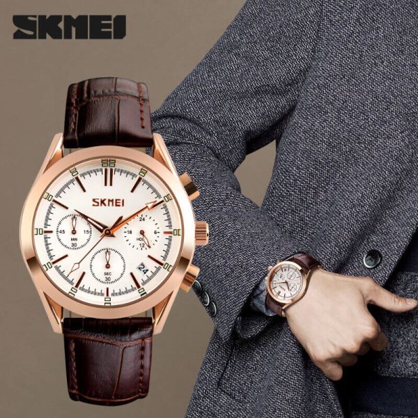 SKMEI 9127 Men's Elegant Business Analog Date Display Multifunction Leather Strap Chronograph Watch - Rosegold/Brown - Image 2