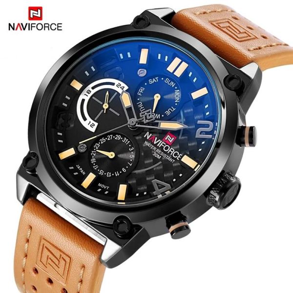 NAVIFORCE Nf9068 Chronograph Watch With Leather Strap For Men - Yellow/Brown