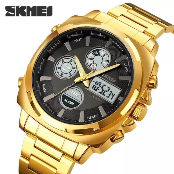 Skmei 1673 Business Dual Display Stainless Steel Multifunction Fashion LED Light Watch For Men - Golden/Black