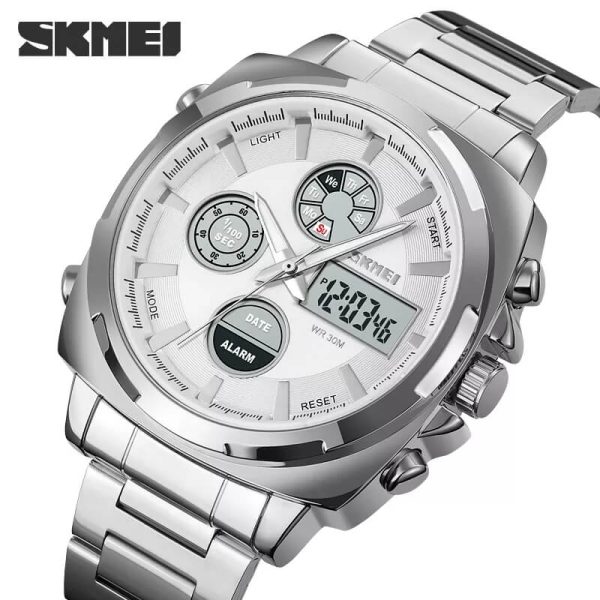 Skmei 1673 Business Dual Display Stainless Steel Multifunction Fashion LED Light Watch For Men - Silver - Image 3