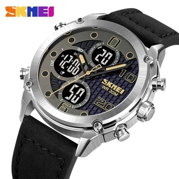 SKMEI 1975 Fashion 3 Time Dual Movement Multifunction LED Light Sport Leather Strap Watch -  Silver/Black