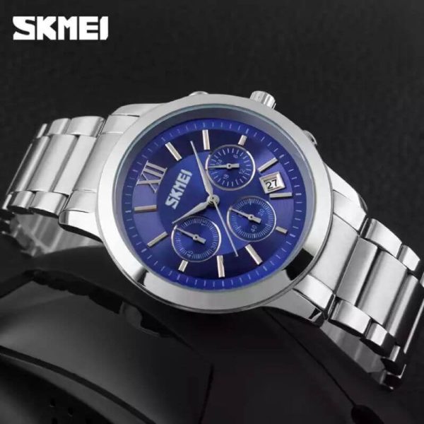 SKMEI 9097 Business Chronograph Stopwatch Date Display Stainless Steel Quartz Wristwatch For Men - Blue/Silver - Image 2